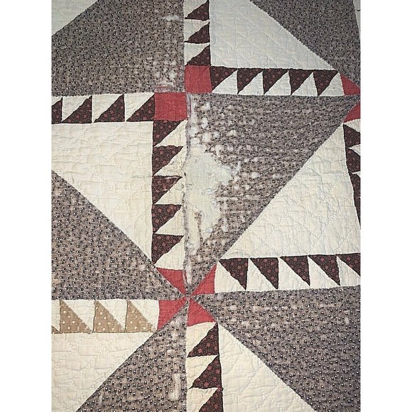 Antique 1920's Lady of the Lake Quilt Large Square Brown Red Hand Stitched Old - Picture 4 of 12